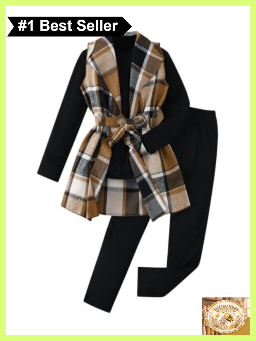 Tween Girls 3 Piece Outfit Plaid Flannel Vest Long Sleeve Top & Pants Set